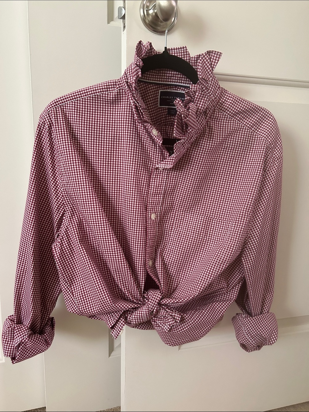 Charles Tyrwhitt Burgundy Gingham Button-Down Shirt recreated for the ladies.